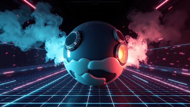 Futuristic sphere glows amid vapor, grid floor extends into darkness. Neon lights create vibrant, digital atmosphere.