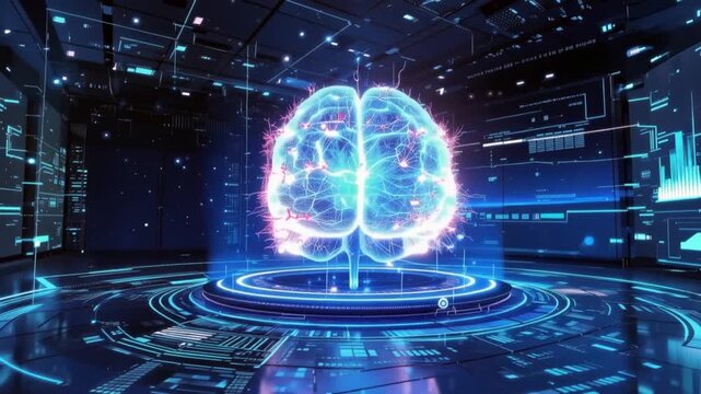 Futuristic Glowing Human Brain Hologram in Digital Artificial Intelligence Technology Environment