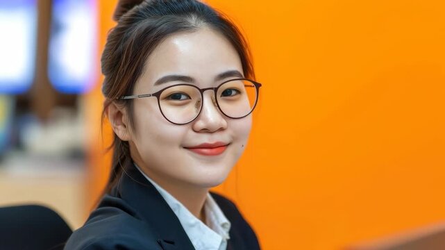 Portrait of a Smiling Woman with Glasses and a Blazer against an Orange Background