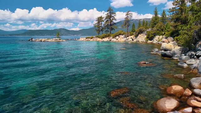 Pine trees and boulders bordering Lake Tahoe shallows. Clear water reveals stones beside the Lake Tahoe shore, with conifers and clouds above distant ridges.