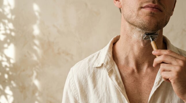 A man with stubble shaves his face with a traditional safety razor and shaving cream