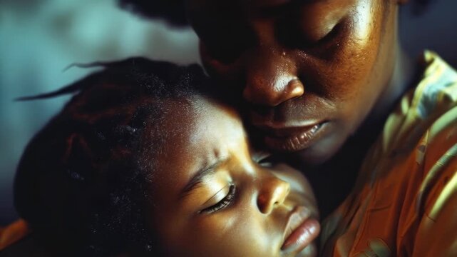 Close-up of an African American mother and child resting peacefully together