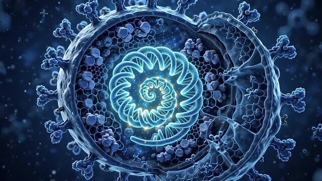 3D Motion Graphic Loop of Microscopic Blue Coronavirus Cutaway showing RNA Genome Strand and Envelope Protein Shell