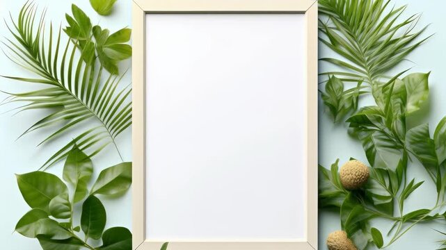 White Blank Frame with Tropical Foliage and Stones on Pale Blue Background