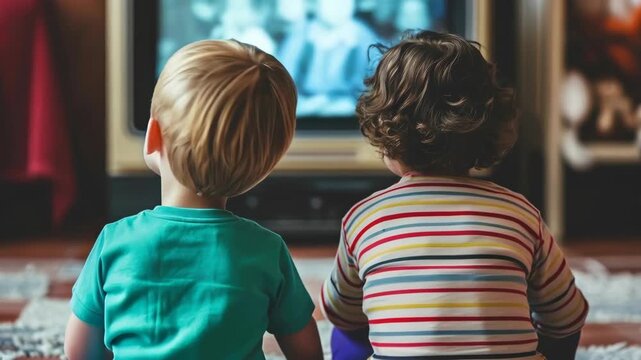 Two Young Boys Watching Sports on Television in a Living Room