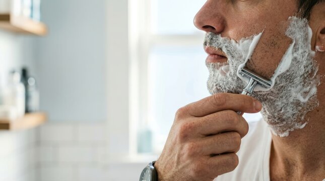Close up profile of a man shaving his beard with a razor and shaving cream Banner