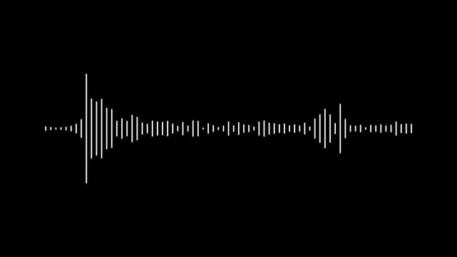 Abstract audio sound wave spectrum animation on black background, white line audio wave visualisation voice record, 4k sound waveform spectrum animation digital voice record effect.