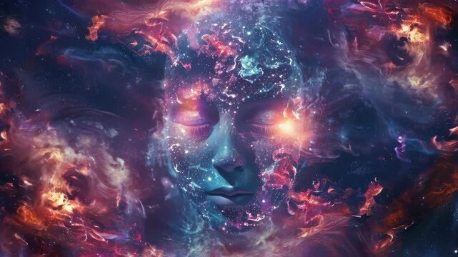 Ethereal Woman's Face Merged with a Glowing Cosmic Nebula