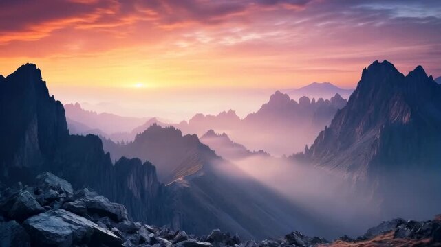 Cinematic Mountain Range Landscape under a Vibrant Sunset with Foggy Atmosphere