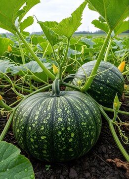 Growing green pumpkin fruits on vine in summer garden.