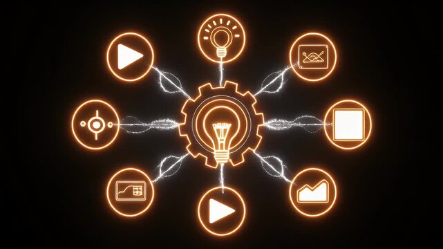 Digital Innovation Hub with Glowing Icons and Central Gear Mechanism for Business Strategy and Modern Network Connectivity