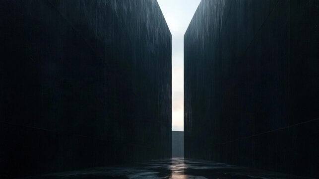 Long, narrow corridor with two tall, dark walls on either side. the walls are made of concrete and appear to be made of a dark material, possibly stone or concrete.