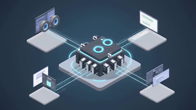 Central processing unit connected to various devices and computers in a futuristic isometric network