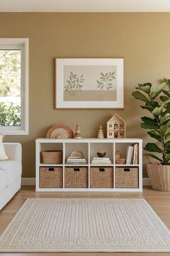 A warm childrens storage area features a low white cube shelf with woven baskets, books, wooden toys, a dollhouse, rainbow decoration and houseplants beside a window on a patterned rug