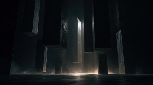 Dark and eerie scene with a dark background. in the center of the image, there is a large, rectangular structure that appears to be made up of multiple pillars or columns.