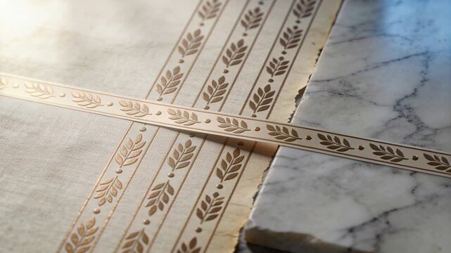 Cam zooming, light shifting, gold trim glinting and showing leaf detail on table with paper, marble