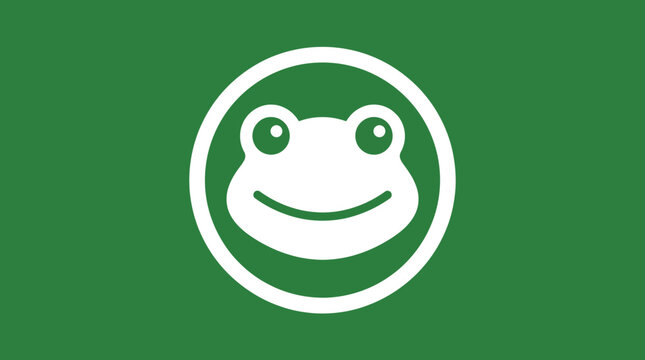 Minimalist frog face vector emblem featuring a clean white circular graphic illustration of a happy amphibian head set on a solid green background