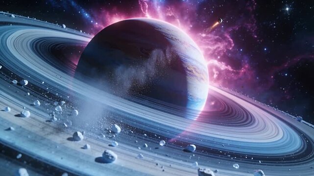 Approaching meteoroid entering rings and striking ringed giant planet at right limb, creating plume
