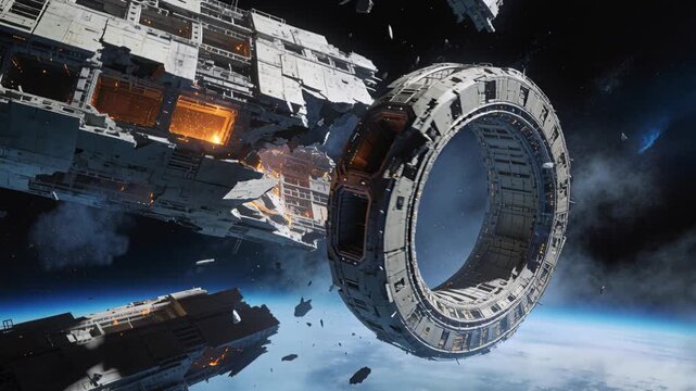 Rotating toroidal ring drifting in low orbit after hull breach, with debris and module, copy space