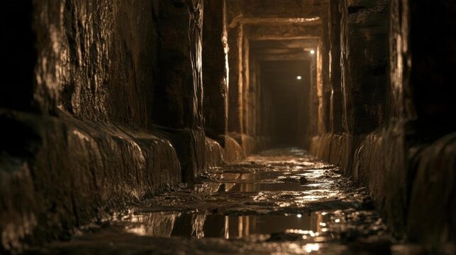 Long, narrow corridor with a puddle of water at the end. the walls on either side of the corridor are made of stone and appear to be old and weathered.