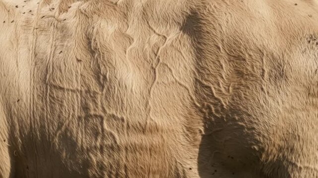 A detailed close-up of a large tan cow's rear and tail in bright sunlight with many flies on hide and flank veins.