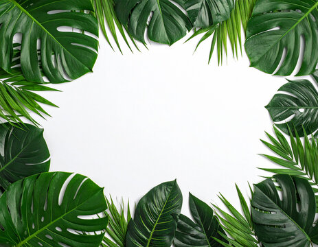 A lush tropical border frame crafted from fresh monstera and palm leaves surrounds an empty white center. This vibrant botanical background evokes calm, summer feelings. Nobody, no people, flatlay.