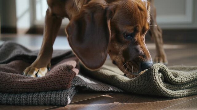 Approaching folded stack, small brown dog investigating and tugging knit sweaters on hardwood floor