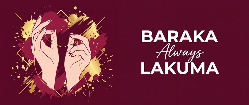 Islamic wedding blessing gold thread hands holding luxury maroon background for marriage greeting card banner with elegant typography text baraka lakuma decorative gold glitter splash illustration des