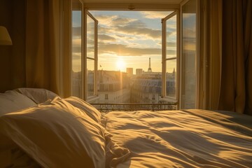 Fototapeta premium Stunning paris landscape window room furniture.