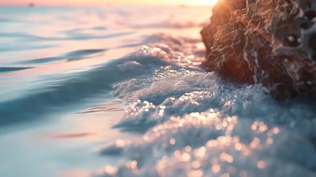 Close-up of Sea Foam and Ocean Waves on a Beach at Sunset