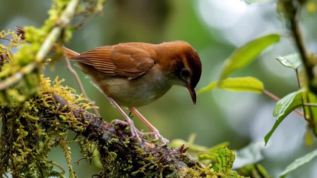 Small Brown Babbler Bird Perched on a Mossy Branch in a Lush Forest