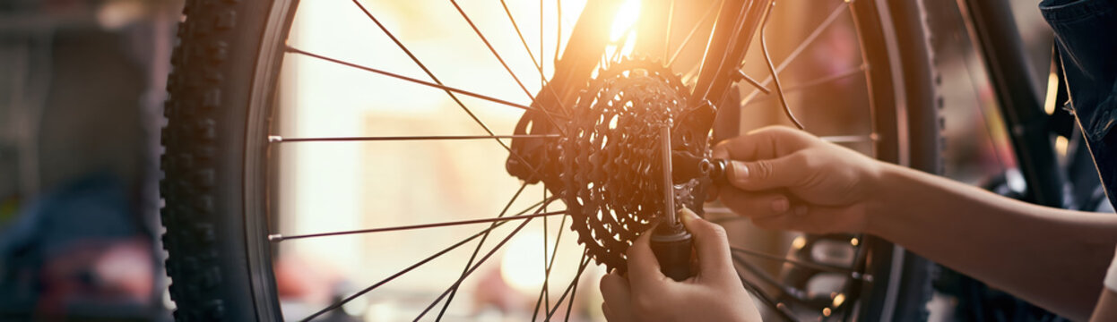 Mechanic fixing bicycle chain in small repair shop with warm sunlight and focused hands