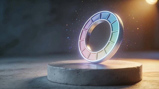 Rising metal color ring turning above stone plinth emitting sparks blue and orange light