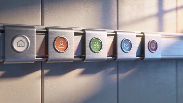 Advancing frames moving metal rail with five hued icon buttons right on tiled wall, revealing icons