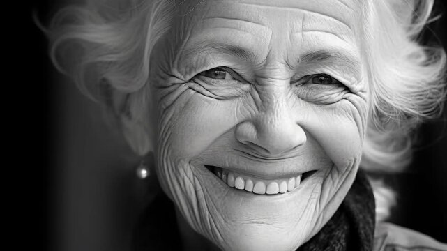 Close-up Portrait of a Smiling Elderly Woman in Black and White