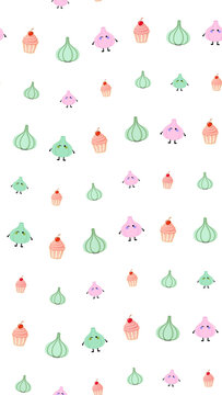 Cute cartoon garlic bulbs and cupcakes seamless pattern