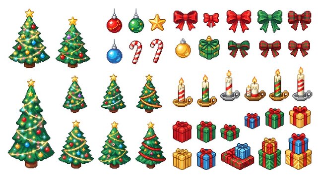 Pixel art Christmas elements set with trees, ornaments and gifts