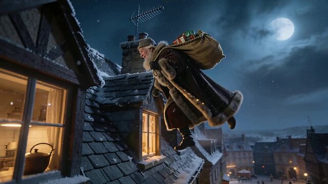 Spotting lit attic window, fur-clad Santa flying toward snowy roof with sack of gifts, copy space