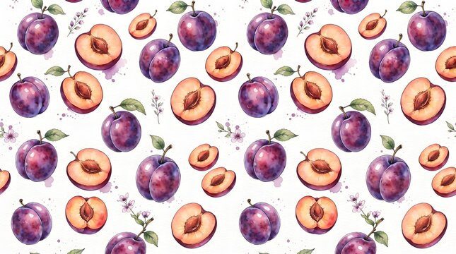Watercolor plum seamless pattern on white background