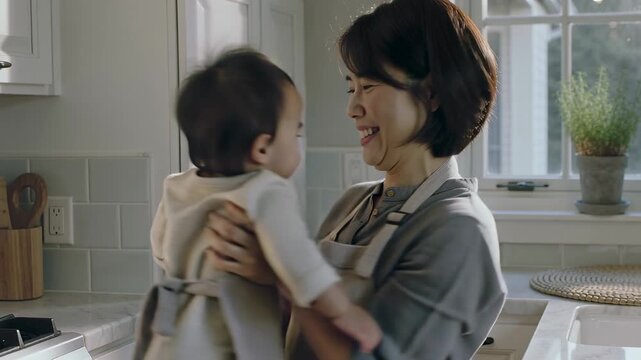 Cradling woman prompted by window sunlight, lifting baby for soothing at home kitchen with apron