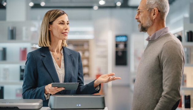 A professional female consultant provides expert customer service, using a digital tablet to guide an older male shopper in a modern electronics store. This scene radiates trust and helpfulness.