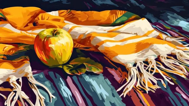 Stylized Scene of a Yellow Apple and Striped Orange Scarf