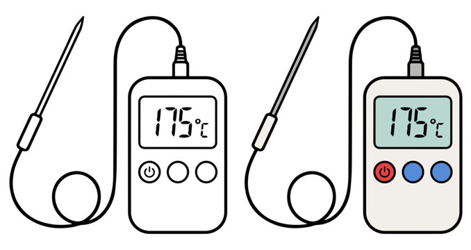 Two digital thermometers are displayed side by side, each featuring a digital screen showing a temperature of 175&deg;C and a probe connected by a wire, illustrating precise temperature measurement.