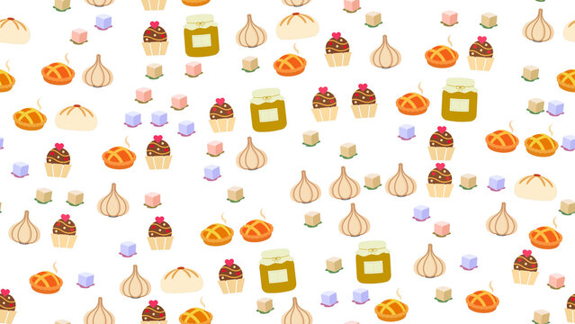Seamless pattern of food items and cubes