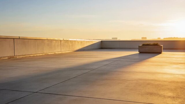 Sending warm light sun near horizon lengthening planter shadow across concrete terrace and parapet