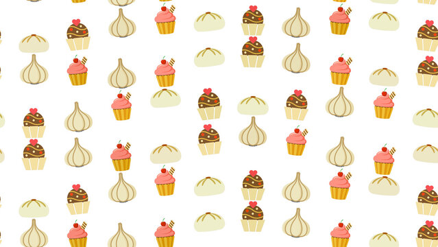 Seamless pattern of garlic, cupcakes, and buns