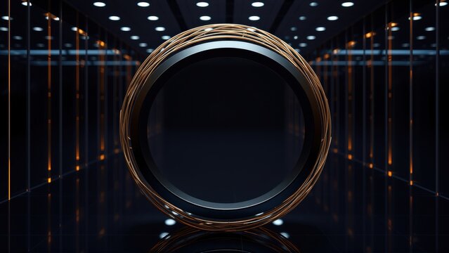 Futuristic tunnel features glowing circular object. Dark reflective floor mirrors lights above, creating infinite perspective. Minimalist design.