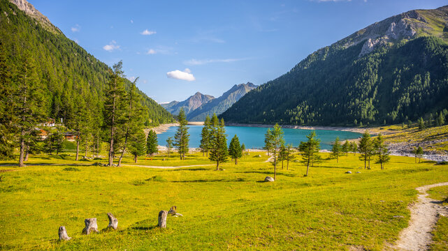 Visitors enjoy the beauty of Lake Neves located at the end of Molini Valley in the Zillertal Alps, Italy. Green grass and trees surround the lake under a clear blue sky.