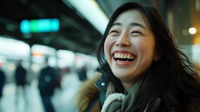 Portrait of a Happy Asian Woman Laughing in a Train Station