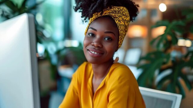 Smiling Black Woman in Yellow Headwrap Working at a Computer in Modern Office